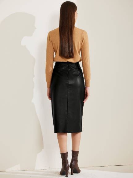 Allegra K - Faux Leather Side Slit Pencil Skirt