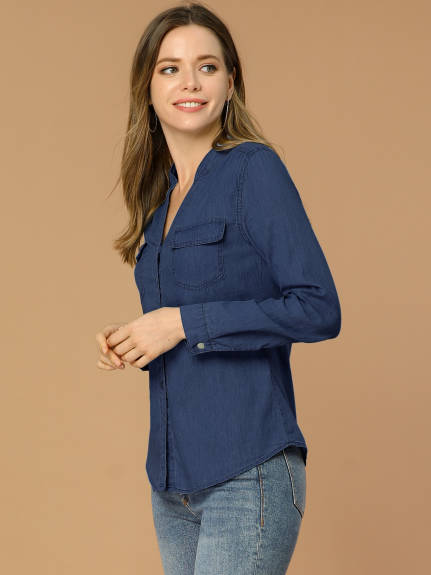 Allegra K- Stand Collar Chest Pocket Button Denim Shirt