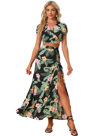 Allegra K - Tropical Wrap Crop Top Maxi Skirt Outfits