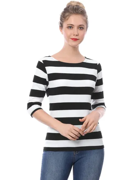 Allegra K- Boat Neck Elbow Sleeve Slim Fit Stripe T-Shirt