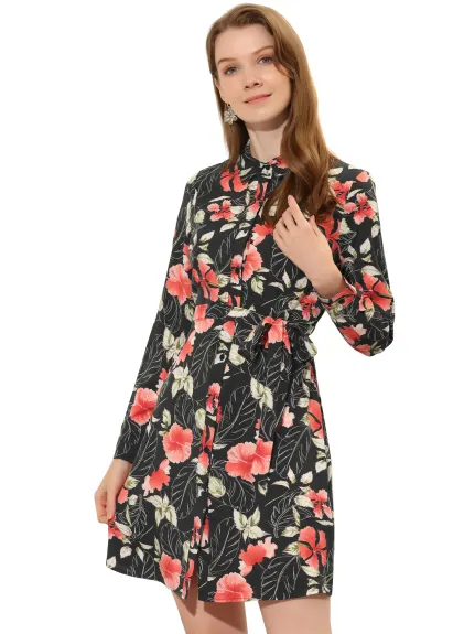 Allegra K- Lapel Button Down Belted Floral Shirt Dress