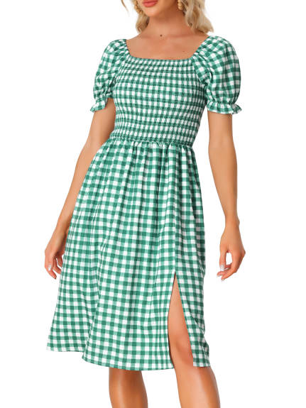 Allegra K- Short Sleeve Slit Plaid Dress