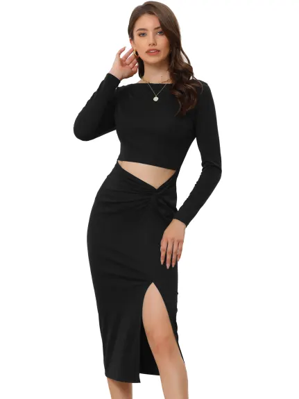 Allegra K- Scoop Neck Split Ruched Bodycon Cut Out Long Sleeve Dress