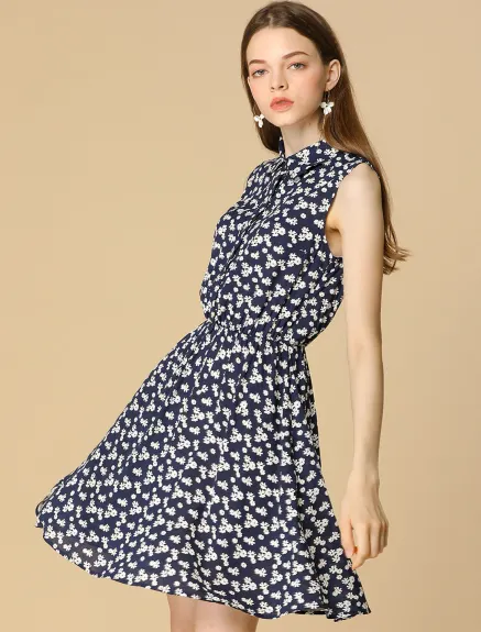 Allegra K- Printed Half Placket Sleeveless Belted Dress