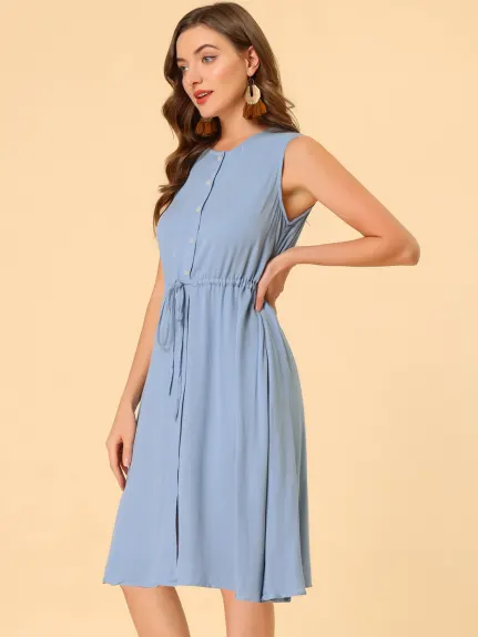 Allegra K- Robe sans manches boutonnée sur le devant avec cordon de serrage pour femme