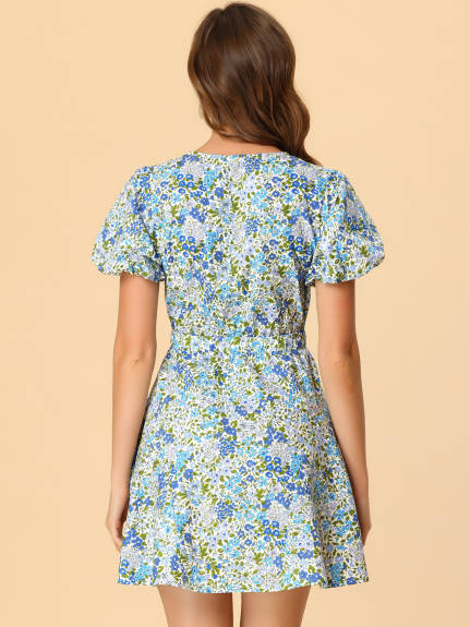 Allegra K- Keyhole Square Neck Floral Puff Sleeve Mini Dress