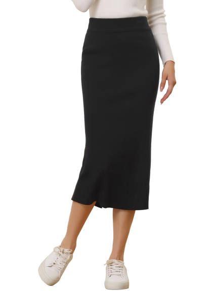 Allegra K - Stretchy Rib Knit Slit Pencil Skirt