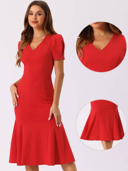 Allegra K- V-Neck Puff Sleeve Elegant Mermaid Midi Dress