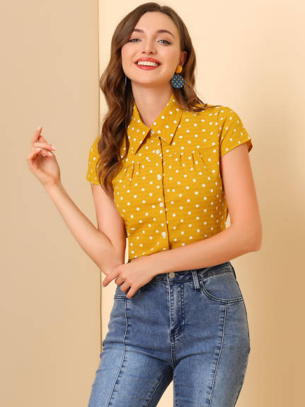 Allegra K- Point Collar Polka Dots Summer Shirt