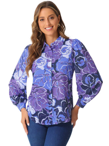 Allegra K - Floral Print Long Puff Sleeve Shirt