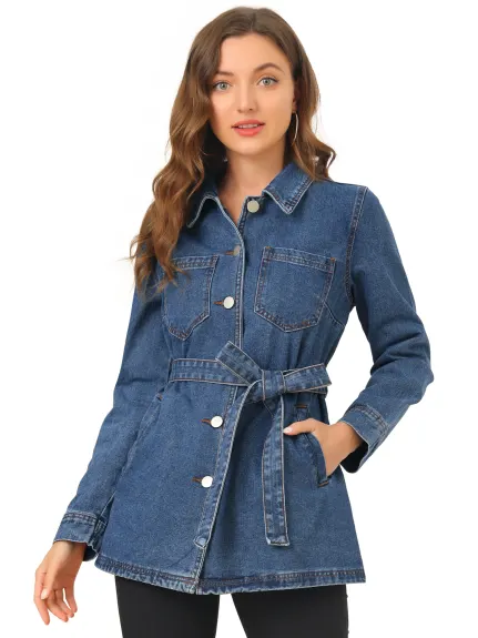 Allegra K- Veste en jean à manches raglan et ceinture à nouer à la taille