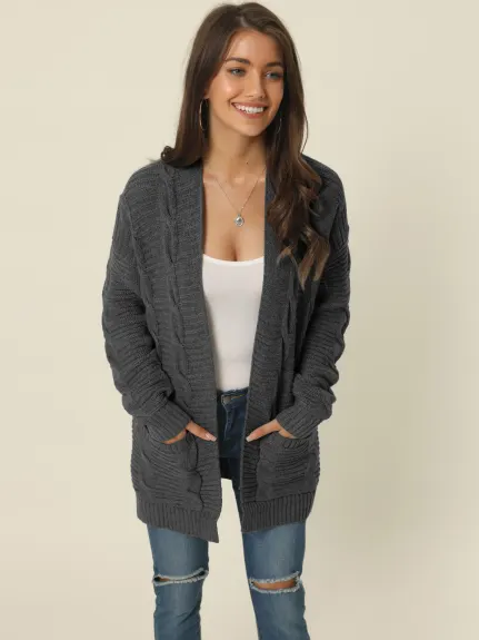 Allegra K- Cable Knit Open Front Sweater Cardigan with Pockets