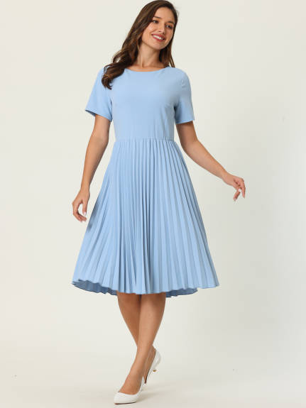 Hobemty- Short Sleeve Pleated Midi A-Line Dress