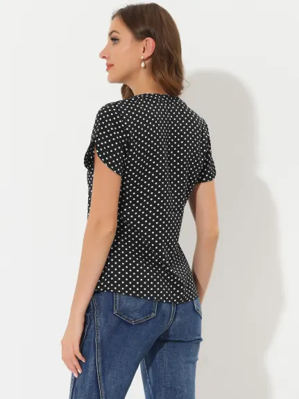 Allegra K- Dots Printed V Neck Short Sleeve Blouse