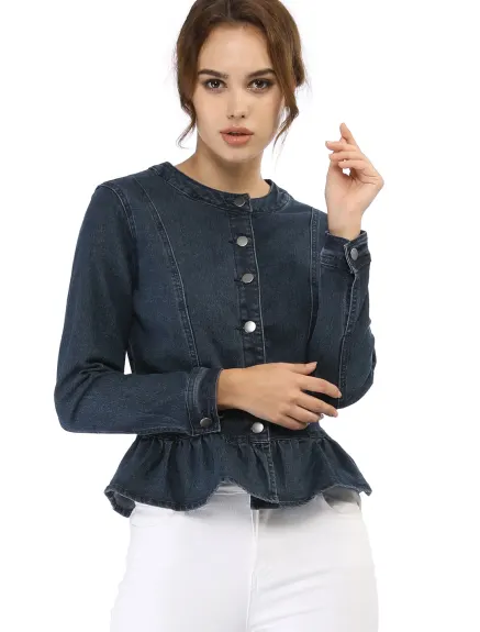 Allegra K - Veste en jean délavée courte à ourlet volanté