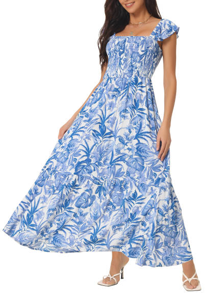 Allegra K - Summer Smocked Boho Floral Maxi Dress