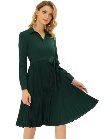 Allegra K- A-Line V Neck Turn Down Collar Belted Pleated Dress