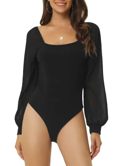 Allegra K- Square Neck Sheer Shoulder Bodysuit Blouse