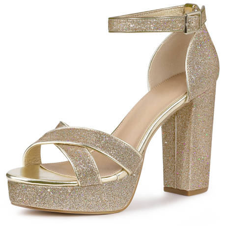 Allegra K- Glitter Platform Heel Crisscross Strap Sandals