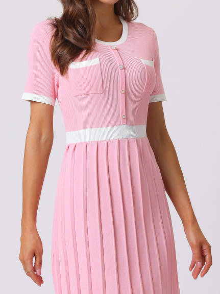 Hobemty- Pleated Sweater Ribbed Contrast Color Elegant Dress