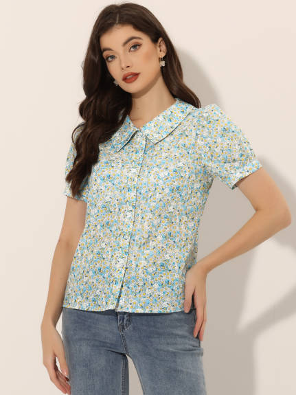 Allegra K- Puff Sleeve Turndown Collar Floral Blouse