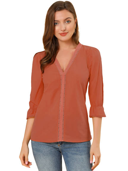 Allegra K - Lace Eyelet V Neck 3/4 Sleeve Casual Top