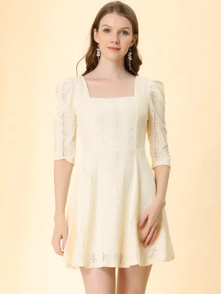 Allegra K- Square Neck Lace Puff Sleeve Dress