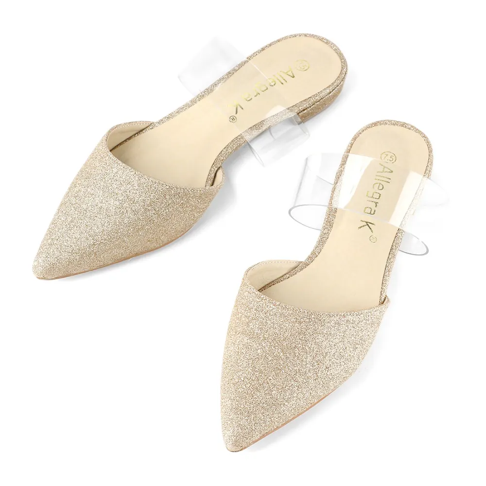 Allegra K - Glitter Clear Ankle Strap Flat Mules