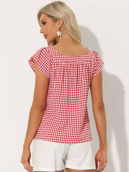 Allegra K- Square Neck Gingham Cap Sleeve Blouse