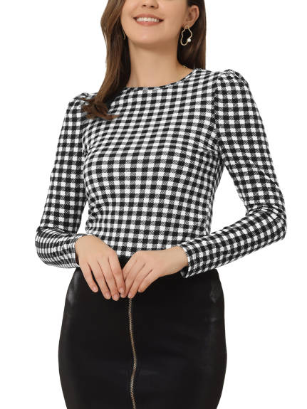 Allegra K- Puff Sleeve Knit Plaid Pullover Top