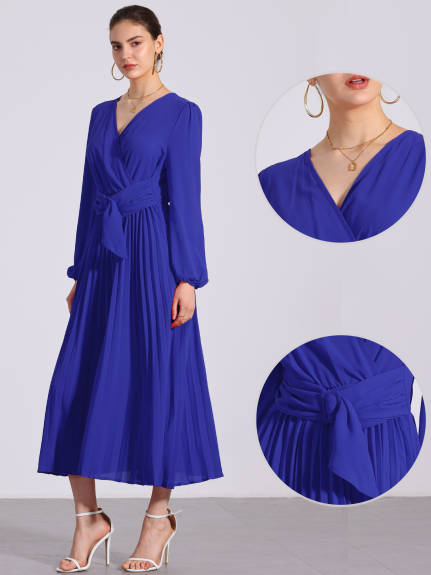 Allegra K - Pleated V-Neck Puff Sleeve Midi Dress