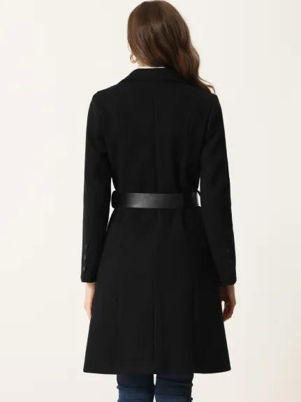 Allegra K - Winter Belted Double Breasted Long Coat
