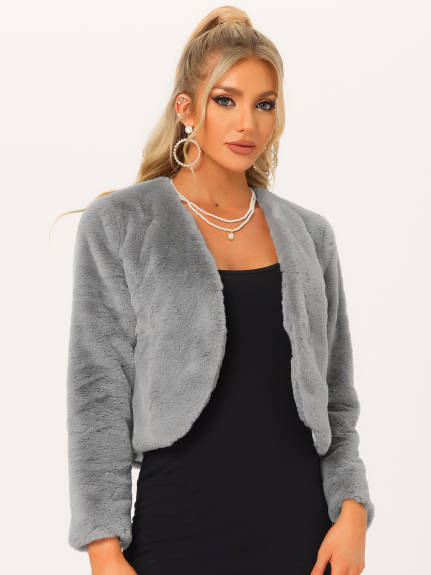 Allegra K - Open Front Faux Fur Cropped Jacket