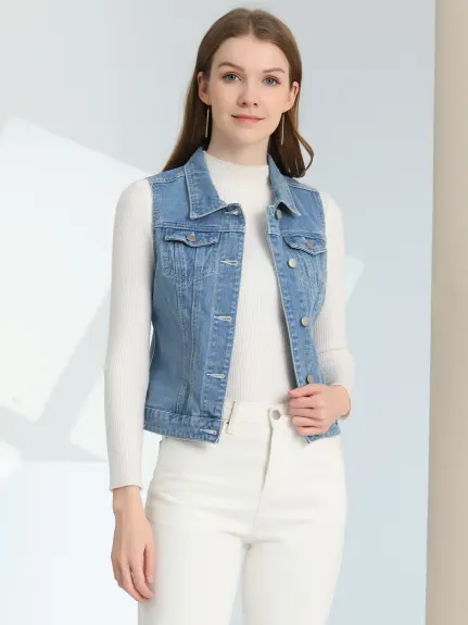 Allegra K- Gilet boutonné en denim délavé avec poches à rabat