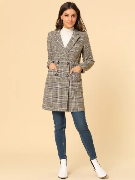 Allegra K- Notched Lapel Double Breasted Plaid Blazer