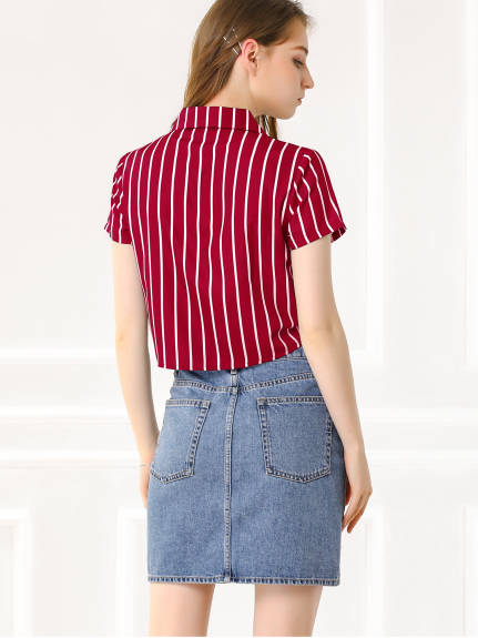 Allegra K- Striped Short Sleeve Tie Front Crop Shirt