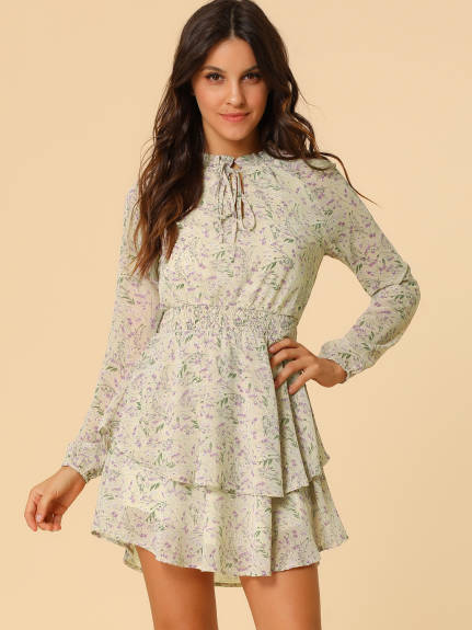 Allegra K- Floral Printed Smocked Waist Chiffon Dress