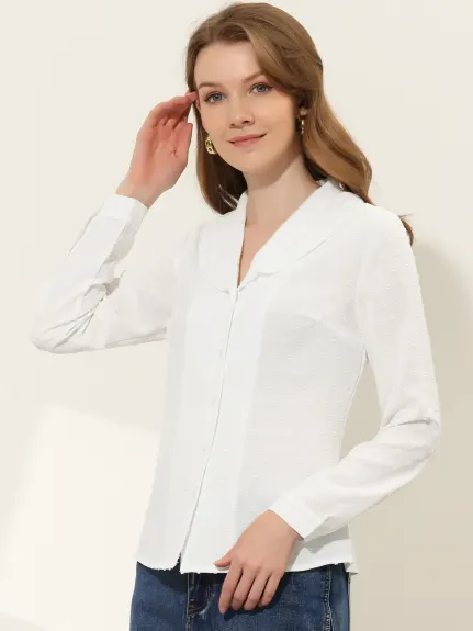 Allegra K - Swiss Dots Long Sleeve Ruffled Collared Shirt