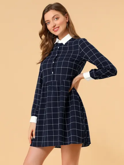 Allegra K- Plaid Button Up Shift Shirt Dress