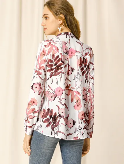 Allegra K- V Neck Long Sleeve Floral Shirt Blouse