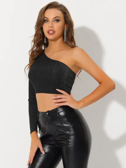 Allegra K- Glitter One Shoulder Long Sleeve Crop Top