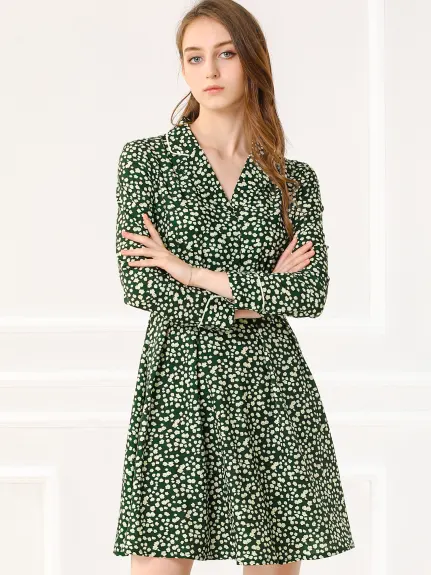 Allegra K- Floral Lapel Collar A-Line Dress