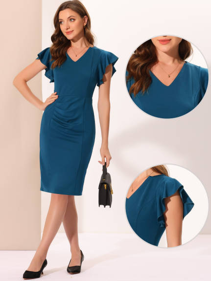 Allegra K- Ruffle Sleeve Ruched Bodycon Dress