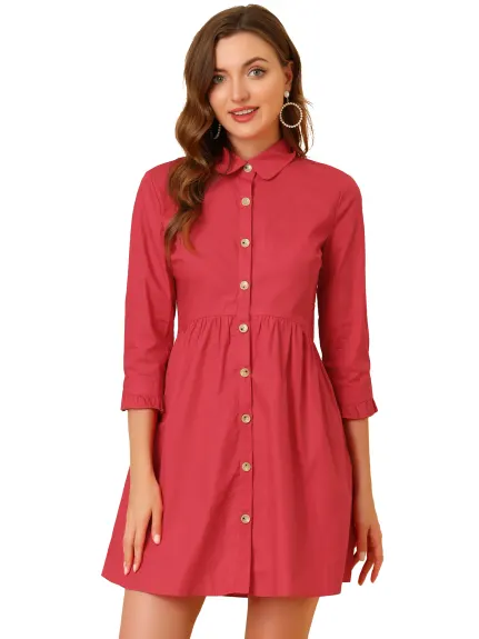 Allegra K- 3/4 Sleeve Button Up Flare Shirt Dress