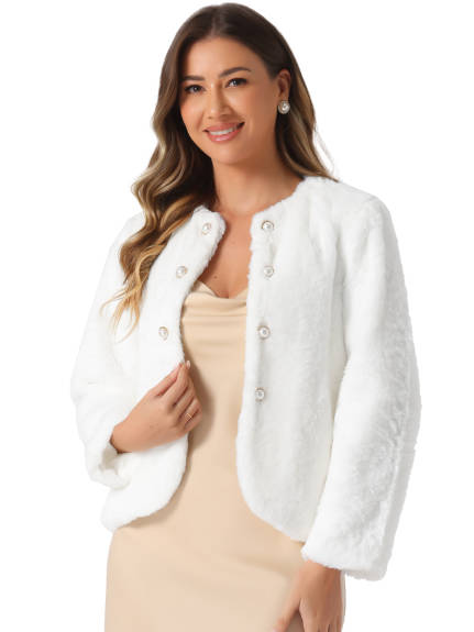 Allegra K - Pearl Button Faux Fur Coat Jacket