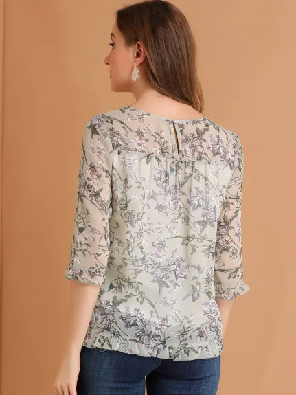 Allegra K- Floral Ruffled 3/4 Sleeve Chiffon Blouse