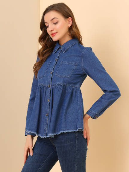 Allegra K- Long Sleeve Peplum Button Down Denim Shirt