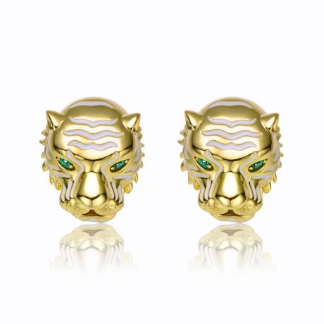 Rachel Glauber 14k Yellow Gold Plated with Emerald Cubic Zirconia White Enamel Roaring Tiger Head 3D Stud Earrings