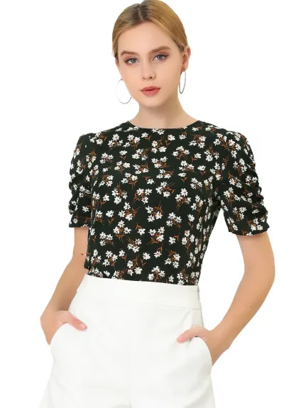 Allegra K- Blouse florale col rond froncé élégant haut à manches courtes