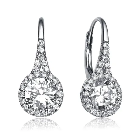 Genevive Sterling Silver with Clear Round Cubic Zirconia Partially Paved and Haloed Solitaire Drop Earring